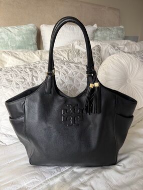 Tory Burch THEA Black Leather Tote with Tassel